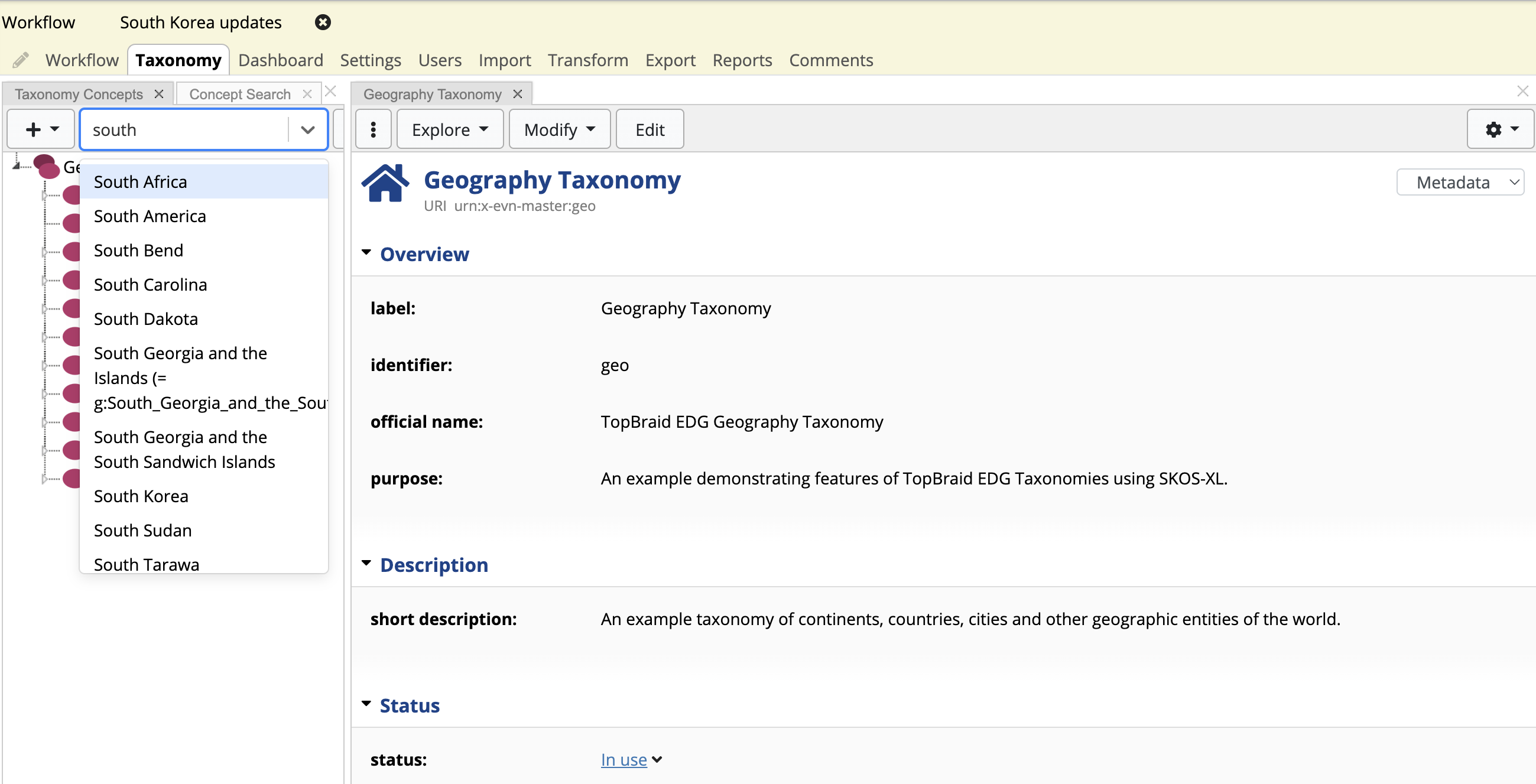 TopBraid EDG Geography Taxonomy Search Options