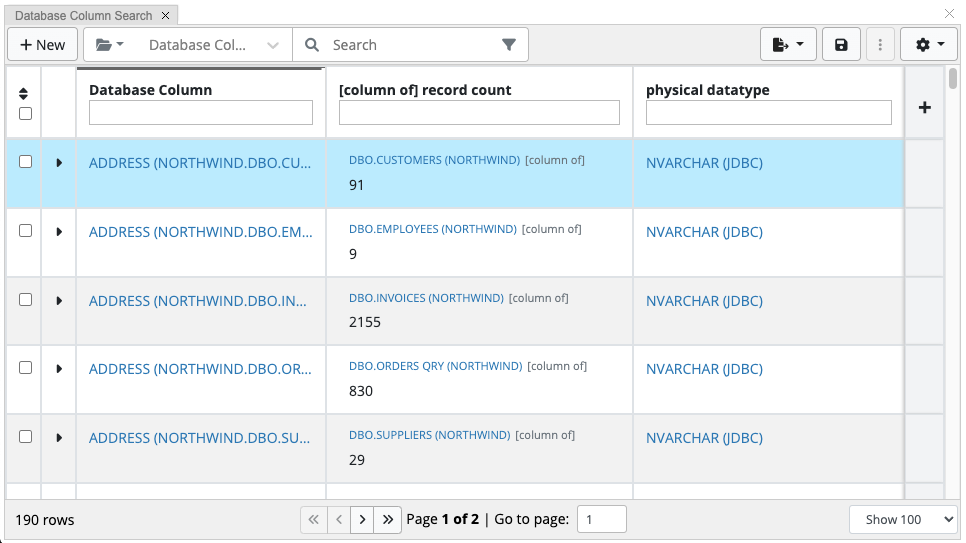 TopBraid EDG Database Column Search Panel