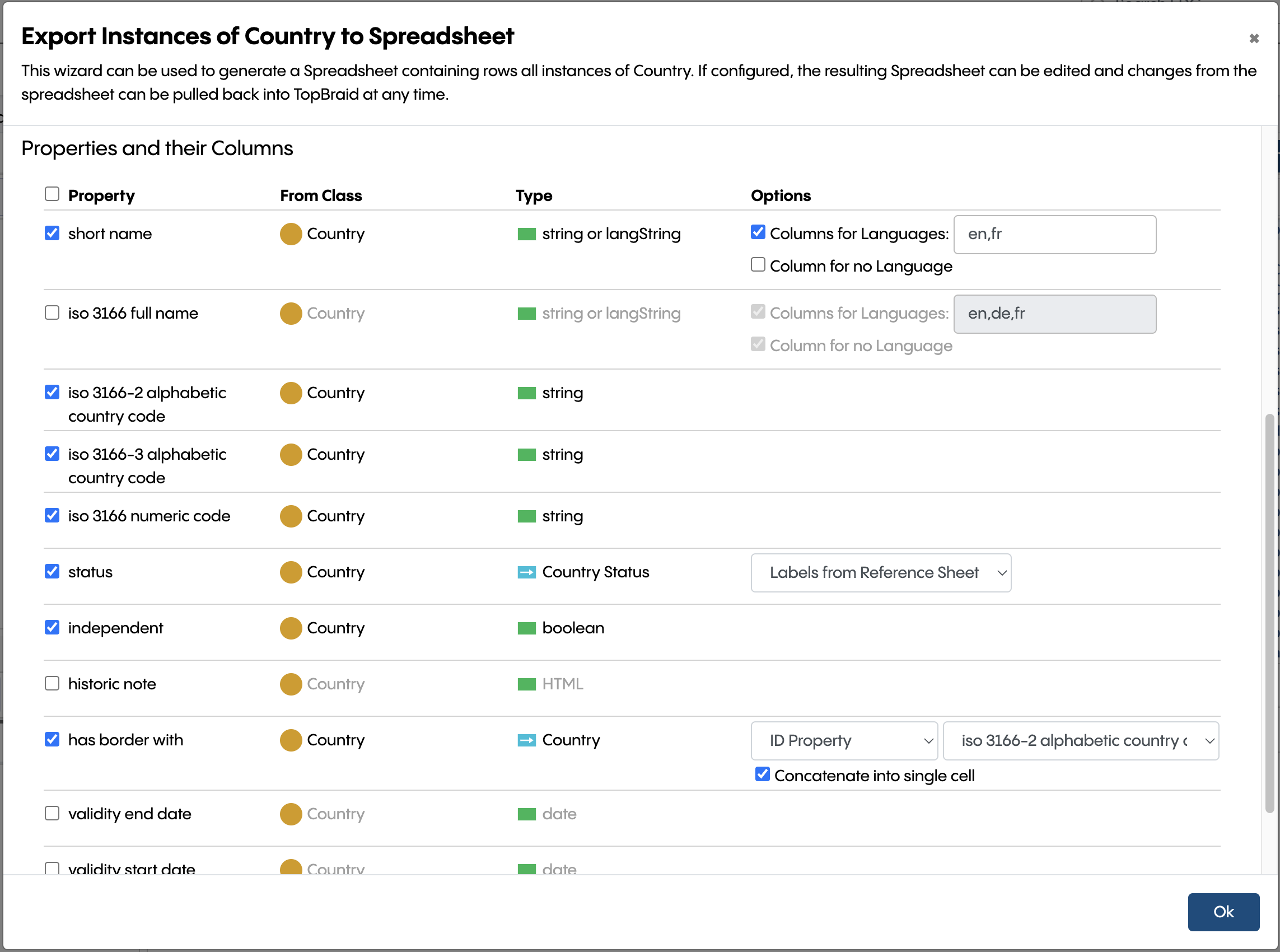 Export Instances to Spreadsheet dialog for the class Country (Property to column mapping)