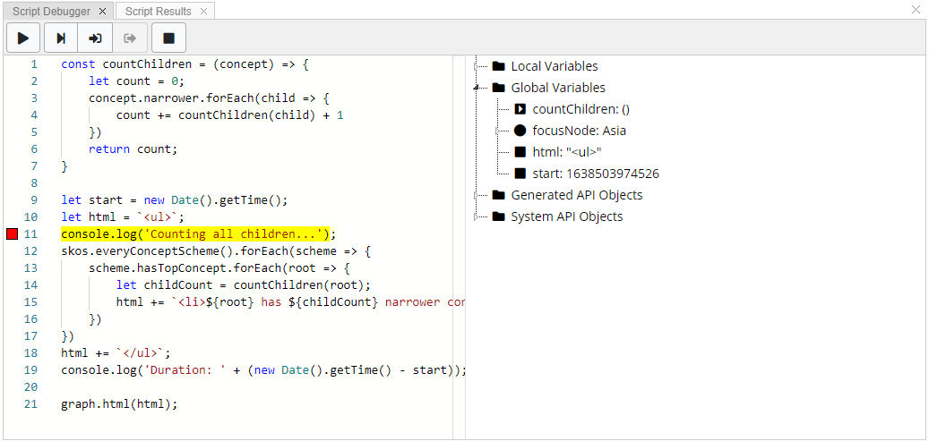 A screenshot of the Script Debugger panel