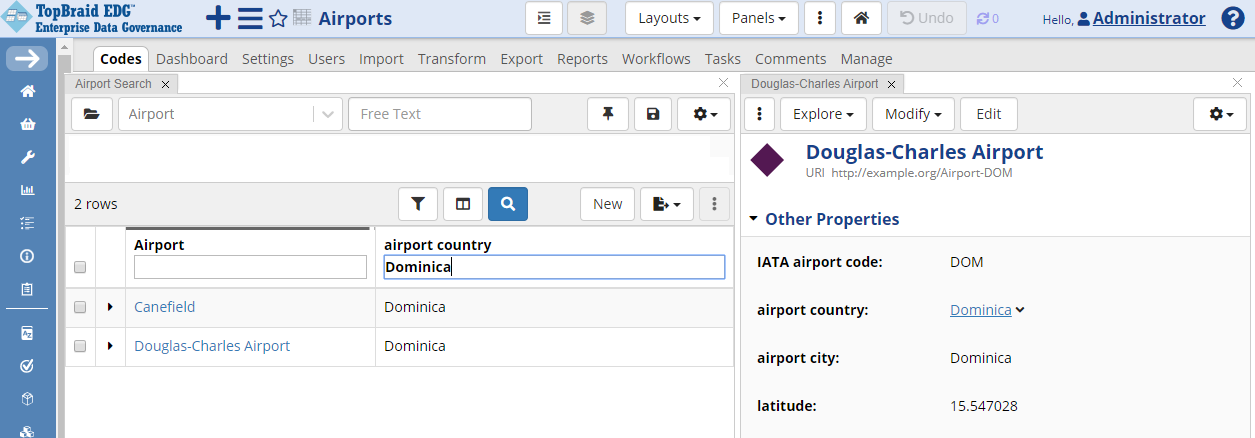 TopBraid EDG Codes Tab - Search by Column