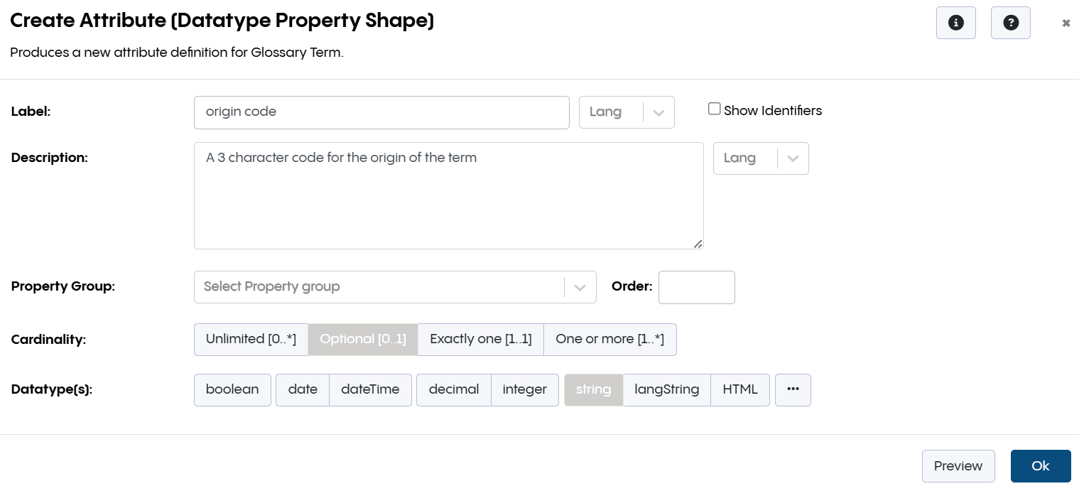 Glossary - Create Attribute Dialog