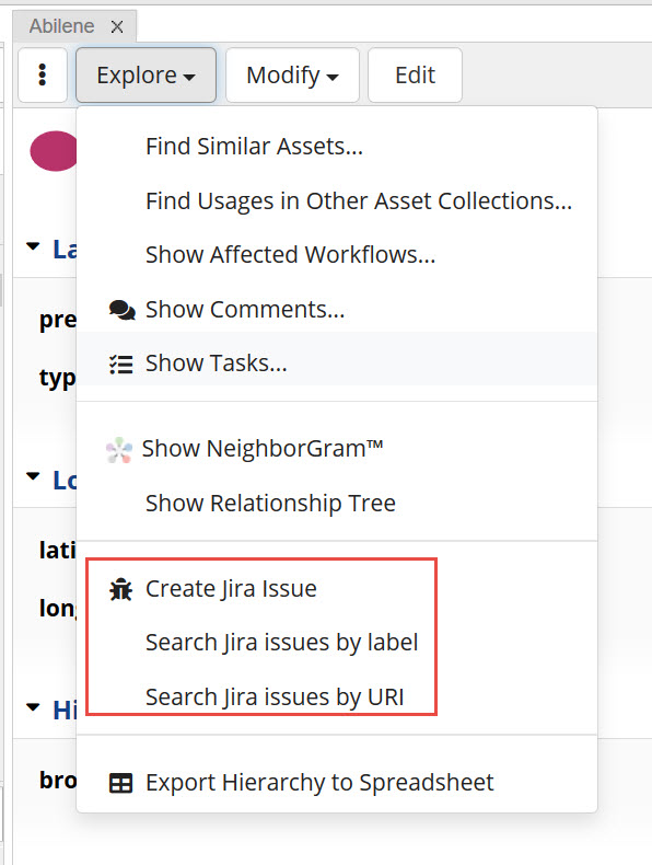 TopBraid EDG Create and Search Jira Issue Dropdown