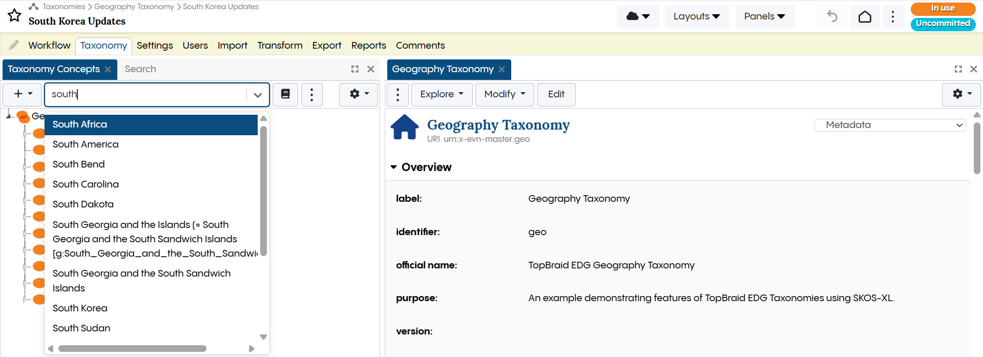 Geography Taxonomy Search Options
